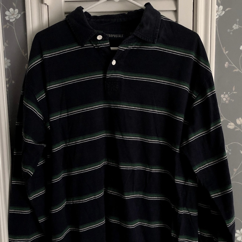 Aeropostale Blue Green Grey Long Sleeve 1/2 Button Up Polo Shirt Mens Size L
